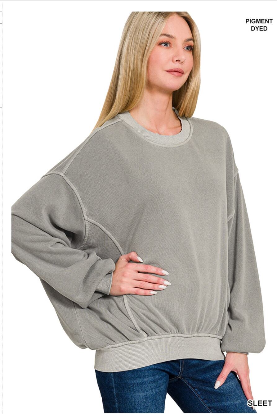 Zenana SWEATSHIRT PULLOVER GRAY Pigment Dyed Oversized Batwing Pullover
